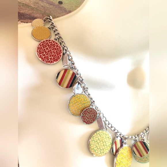 COACH Rare HTF Chunky Silver Metal Logo Yellow GOLD Charm CC Toggle Necklace - Picture 8 of 12